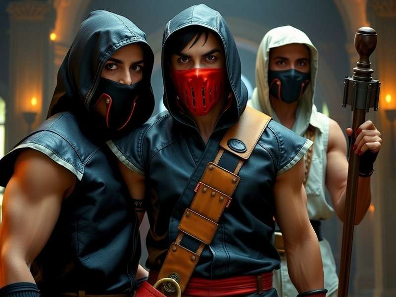 Behind the scenes photo of actors dressed as Mortal Kombat characters on a movie set