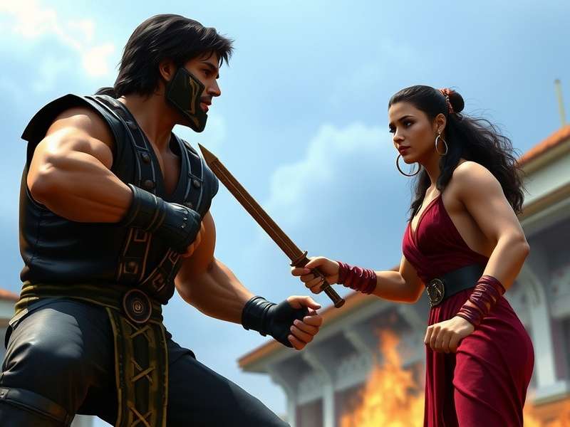 Behind the scenes photo of the massive Goro animatronic puppet being operated on set