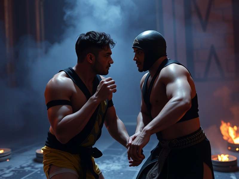 Scorpion character in Mortal Kombat 2 movie with enhanced costume and flaming spear