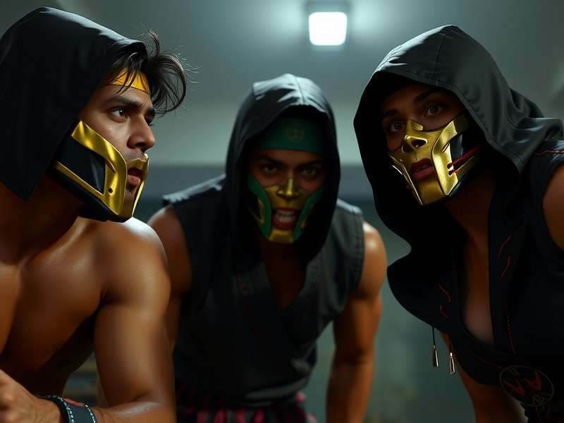 Behind the scenes of Mortal Kombat 1995 movie showing actors in costume