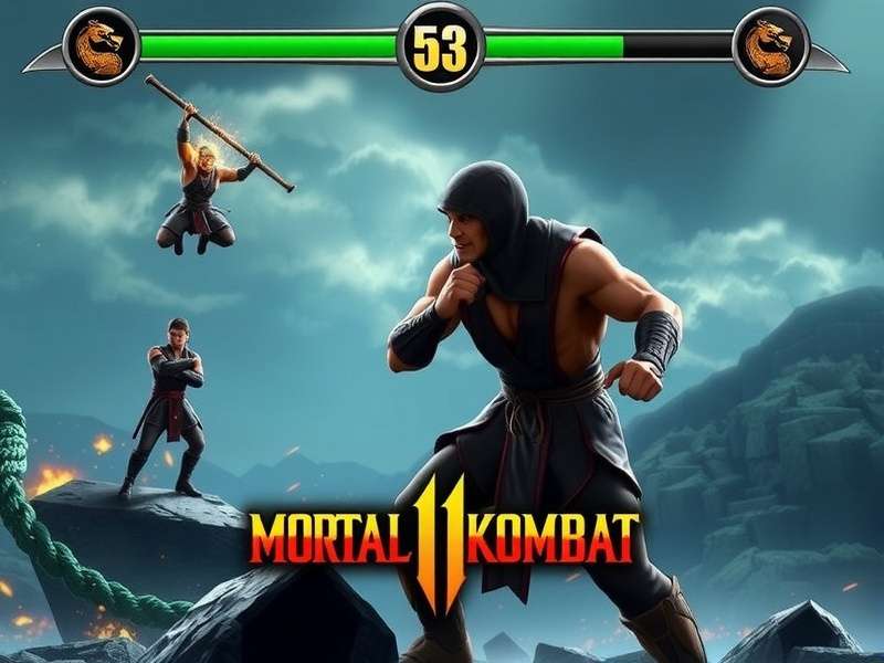 Mortal Kombat character Scorpion in a fighting stance with fiery background