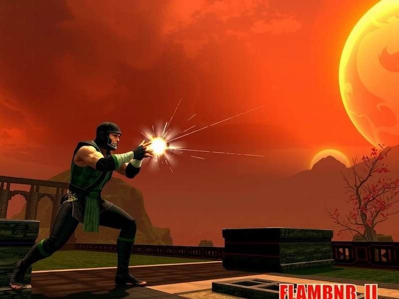 Mortal Kombat II Arcade Cabinet glowing in dark arcade