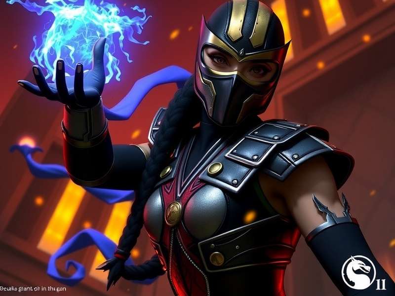 Kitana in her Mortal Kombat 11 default attire, holding her steel fans with a determined expression