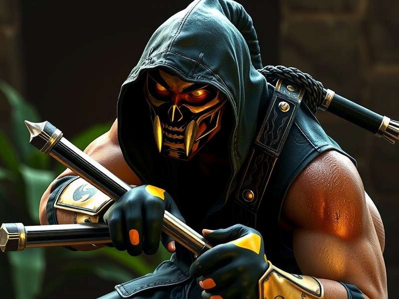 Scorpion (Mortal Kombat 1995) poised for attack in front of fiery backdrop