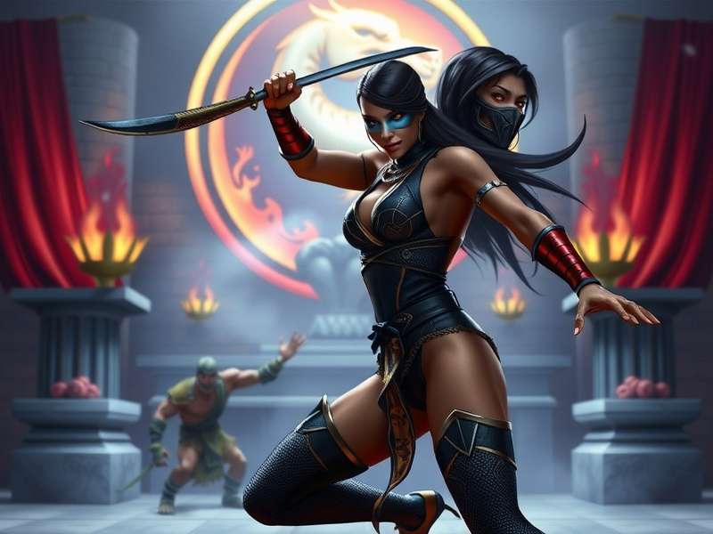 Kitana Mortal Kombat character art with fans and mask
