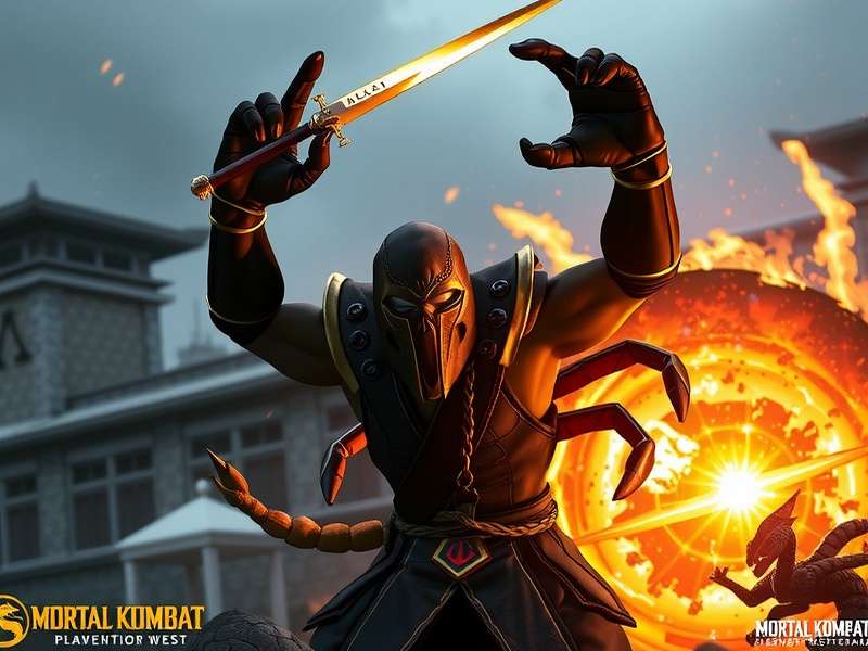 Scorpion in Mortal Kombat 1 stance with flaming spear
