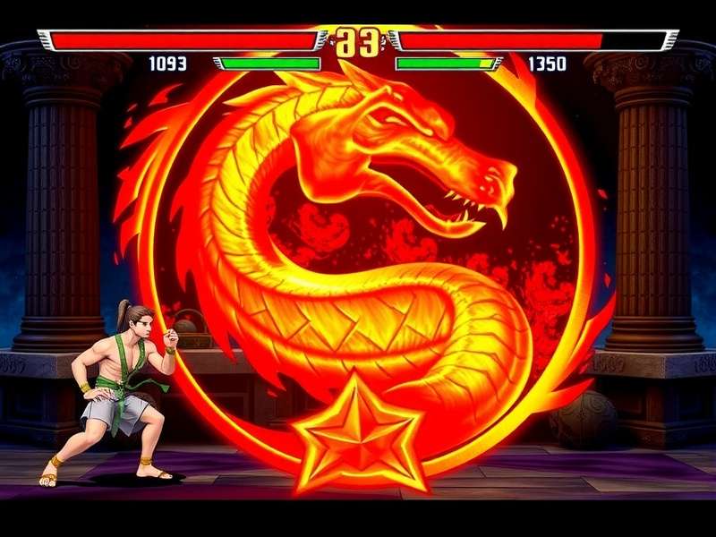 Mortal Kombat 1 — iconic fighting game poster with dragon emblem and shadow fighters