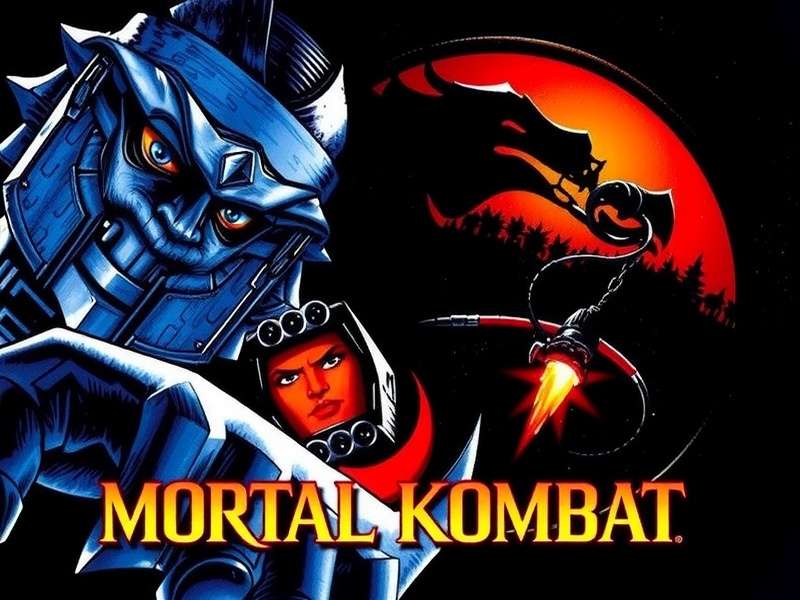Mortal Kombat 1995 movie soundtrack album cover with dragon logo and fiery background