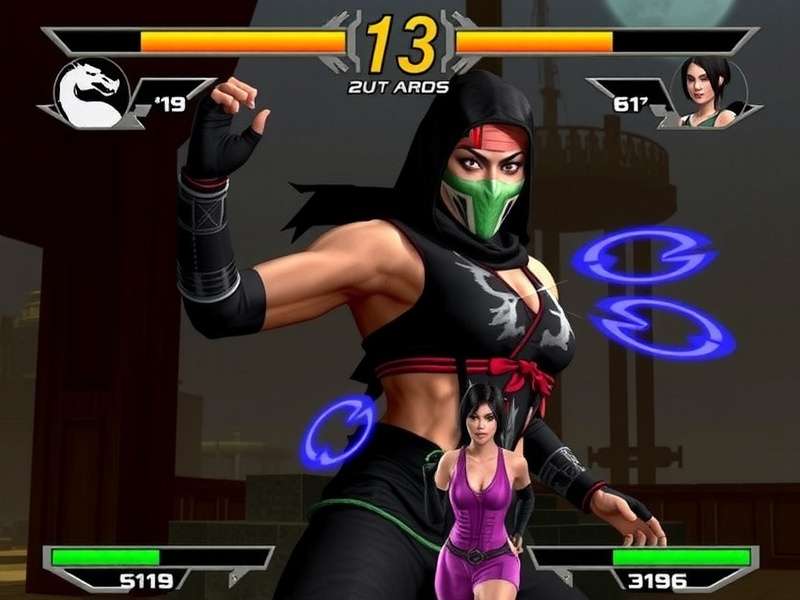 Kitana Mortal Kombat character portrait with steel fans, Edenian royal attire, and iconic blue accent