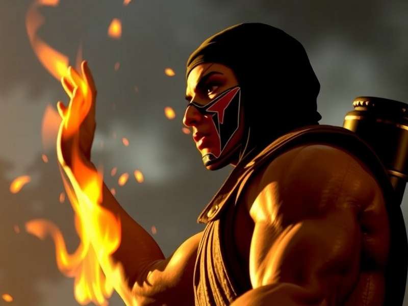 Mortal Kombat 2 movie trailer scene with Scorpion and Sub-Zero facing off in a fiery arena