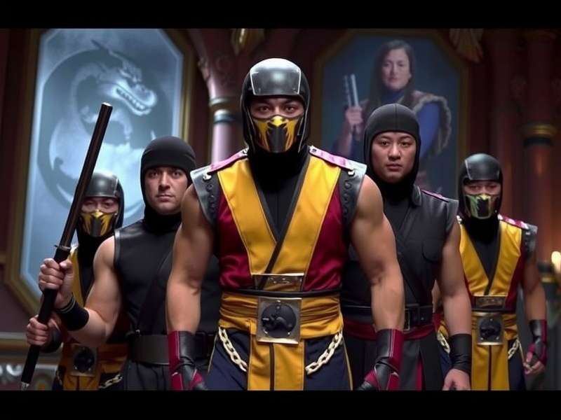 Mortal Kombat 1995 movie cast group photo featuring Robin Shou, Linden Ashby, Bridgette Wilson, Cary-Hiroyuki Tagawa, Christopher Lambert, and Talisa Soto