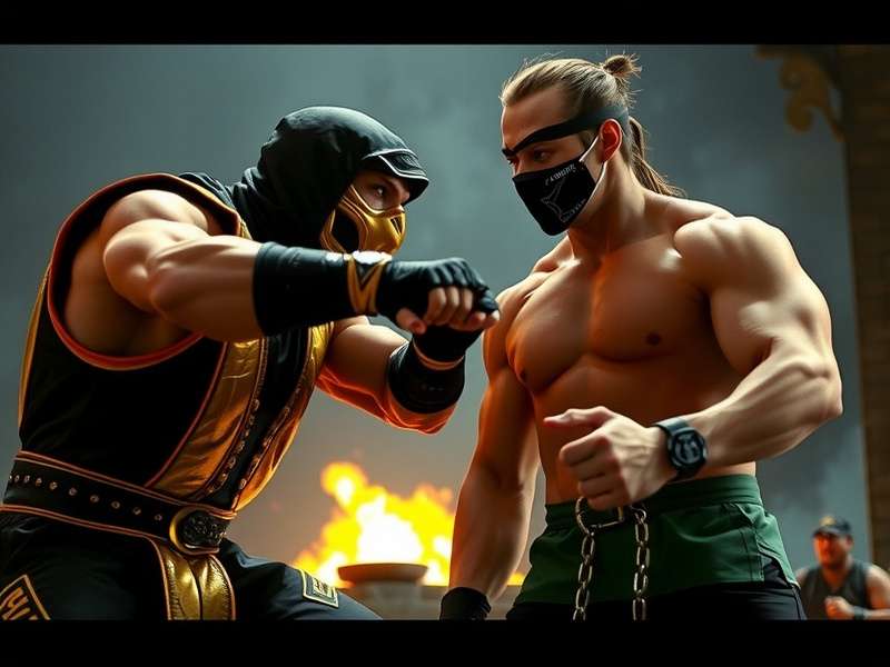Scorpion and Johnny Cage face off in the 1995 Mortal Kombat movie — iconic spear versus shadow kick showdown.
