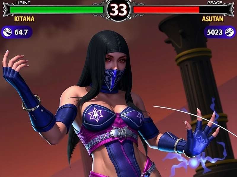 Kitana, Edenian princess, fighting stance in Mortal Kombat 1 with steel fans