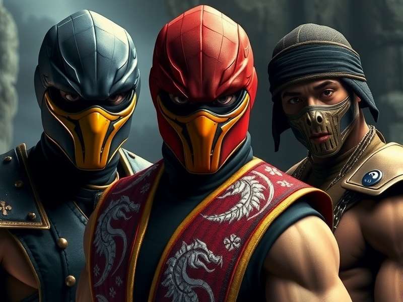 Mortal Kombat 1995 film cast group photo featuring Liu Kang, Johnny Cage, Sonya Blade, and Shang Tsung
