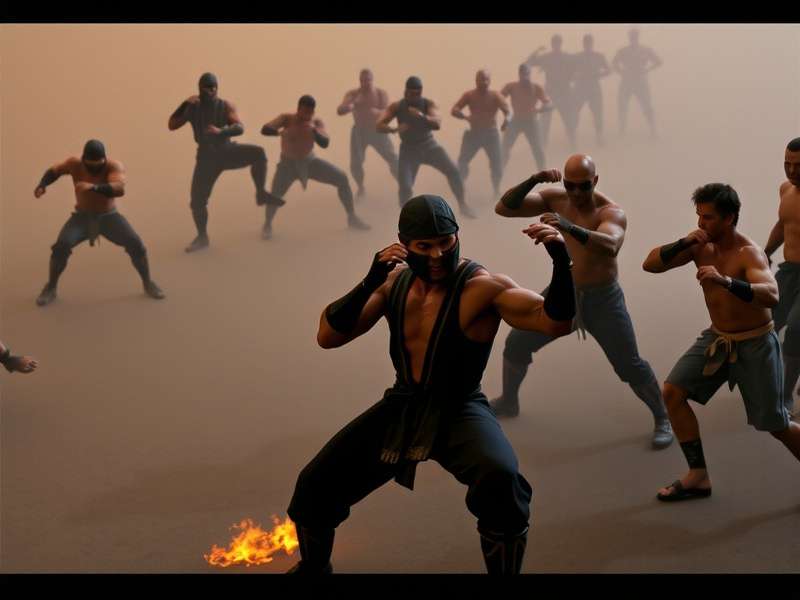 Mortal Kombat 1995 movie poster with Liu Kang, Johnny Cage, Sonya Blade and Raiden standing together in battle stance