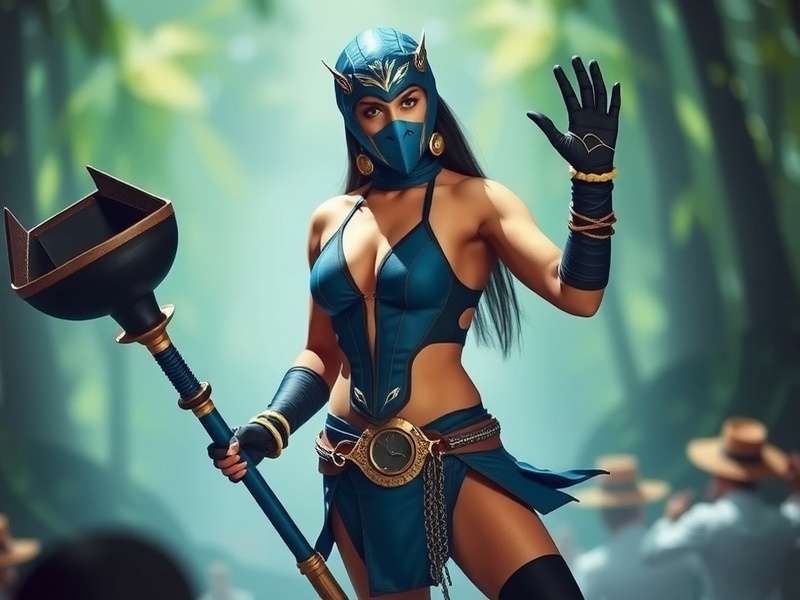 Kitana Mortal Kombat cosplay portrait featuring the Edenian princess in her iconic royal blue outfit with steel fans.