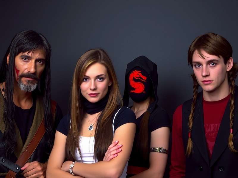 Mortal Kombat 1995 cast ensemble featuring Liu Kang, Sonya Blade, Johnny Cage, Raiden, Scorpion, and Sub-Zero in a dramatic group composition.